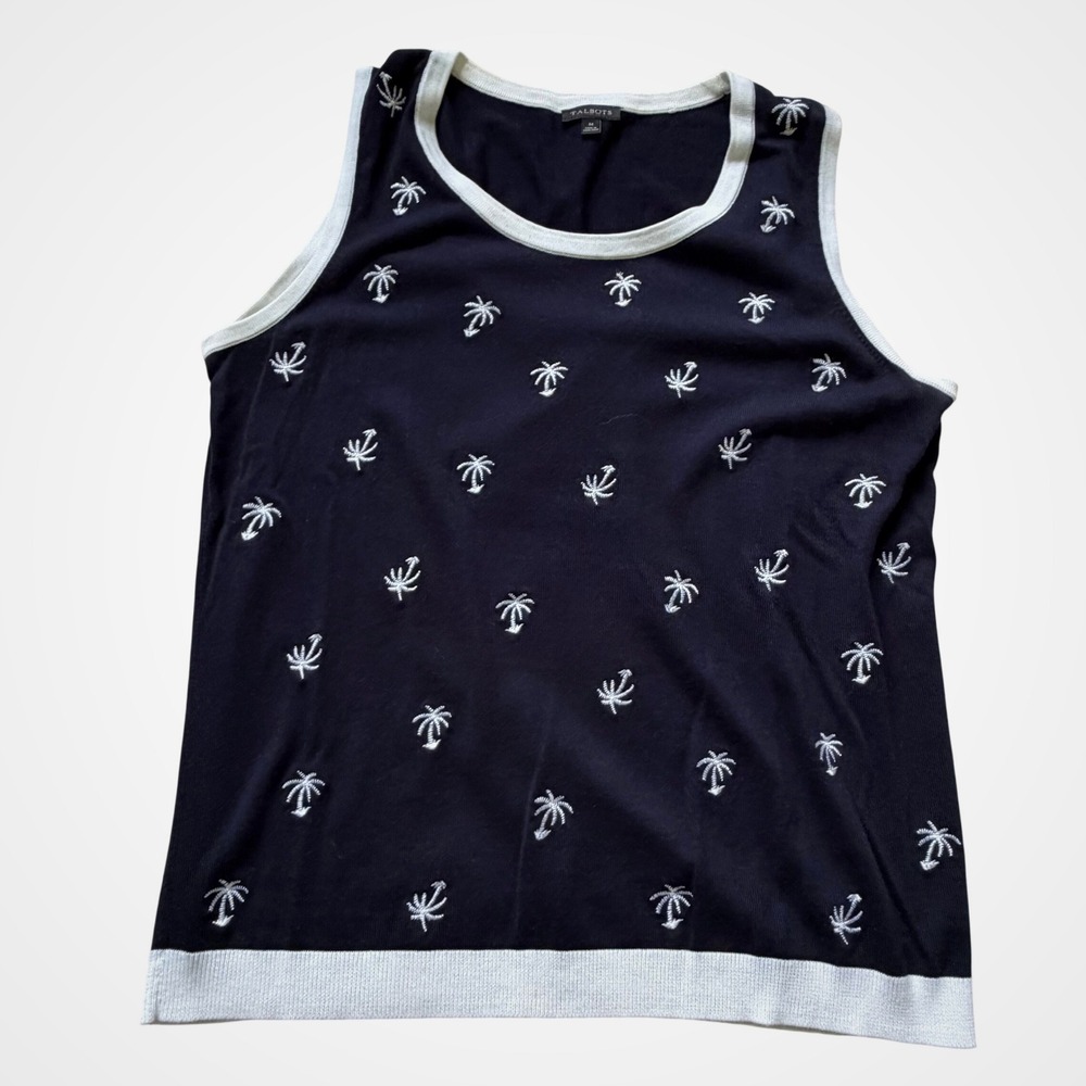 Talbots Navy Blue White Embroidered Palm Tree Knit Tank Top Shell Med Nautical